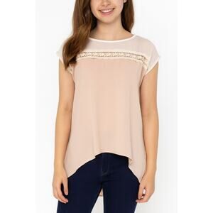 Excellent Faith & Joy Womens Beige Short Sleeve Blouse with Lace Accent Junior L